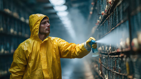 A focused man in a bright yellow raincoat sprays cleaning solution on cages in a poultry farm, emphasizing hygiene and biosecurity in animal care practices.の素材