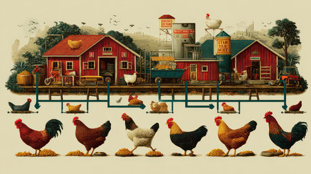 Charming vintage illustration of a farm scene featuring various chickens. The artwork showcases the elements of rural life and agricultural production, capturing a nostalgic look at farming.の素材