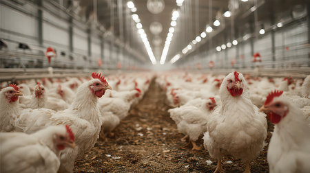 A group of chickens comfortably roaming in a spacious indoor poultry farming facility, highlighting modern agricultural practices in a well-lit environment.の素材