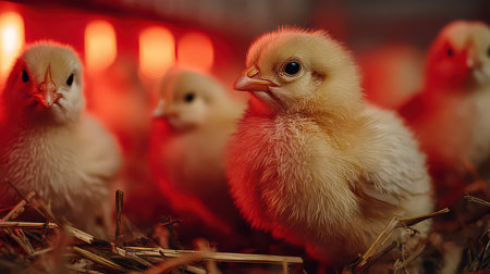 A captivating close-up of adorable yellow chicks nestled in straw, surrounded by a warm glow. Perfect for themes of farm life, nature, and nurturing.の素材