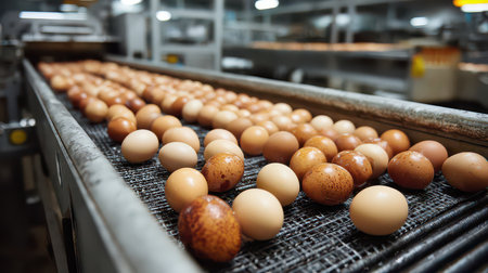 A close-up view of fresh eggs moving along a conveyor belt in a modern poultry farm. This showcases the industrial process of egg production and transport.の素材