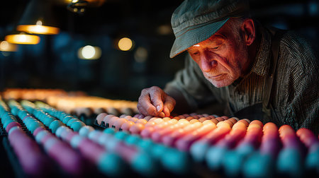An elderly man carefully inspects colorful eggs in a workshop, highlighting attention to detail and craftsmanship. The soft lighting emphasizes the artisan's focus on quality and tradition.の素材