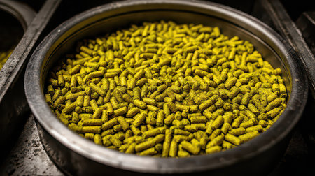 Close-up view of vibrant yellow granules housed in a stainless steel container, showcasing texture and uniformity typical in industrial manufacturing processes.の素材