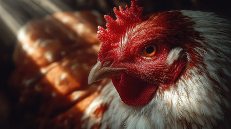 A stunning close-up portrait of a colorful chicken showcasing its striking features and vibrant plumage. Perfect for nature and agriculture themes.の素材