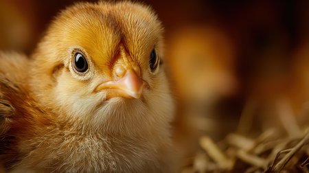 This charming close-up portrait captures a fluffy chick nestled in soft bedding. Its curious expression and bright eyes evoke feelings of warmth and tenderness in a natural setting.の素材