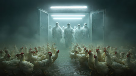 A group of workers in protective gear emerges from a foggy processing facility surrounded by chickens, symbolizing biosecurity and agricultural practices in farming.の素材