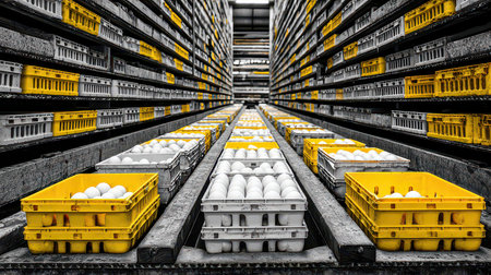A striking view of yellow and white egg trays in a modern warehouse, showcasing the careful organization and storage of fresh farm produce for distribution.の素材