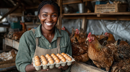 A joyful farmer stands proudly in a chicken coop holding a tray of fresh eggs. Surrounded by hens, this image captures the essence of farm life and sustainability.の素材