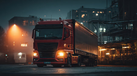 A striking red truck parked in an urban area, surrounded by fog and city lights. The scene captures the essence of transport logistics in a modern city atmosphere.の素材