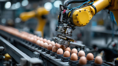 A robotic arm efficiently handles eggs on a conveyor belt within a modern food production facility, highlighting the blend of technology and food processing.の素材