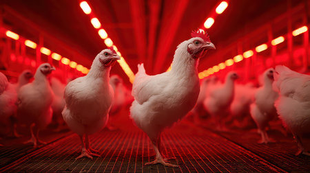 A vibrant scene of white chickens in a poultry farm illuminated by red lights. The image captures the dynamic environment showcasing animal welfare and farming practices.の素材
