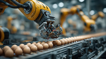 A robotic arm delicately handles eggs on a conveyor belt in a high-tech food processing plant, showcasing modern automation and precision in industry.の素材
