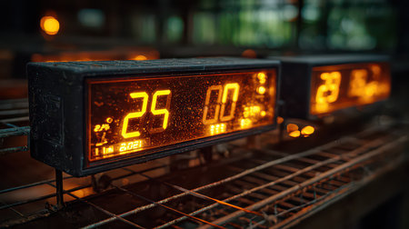 Close-up of a digital display showing temperature and humidity in an industrial environment. The glowing orange numbers highlight precision measurement in technology.の素材