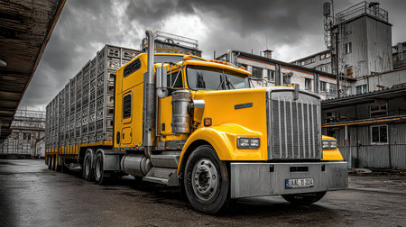 A striking yellow truck stands proudly in an industrial area, highlighting its robust design against a dramatic sky. Perfect for transport and logistics themes.の素材