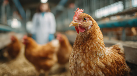 A close-up shot of a hen in a barn setting, with a farmer in the background, emphasizing farm life and poultry care. Ideal for agriculture and animal welfare themes.の素材