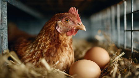 A close-up view of a brown hen resting beside two fresh eggs in a cozy nest, highlighting the serene atmosphere of a farmyard and the beauty of rural life.の素材