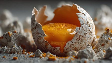 A close-up view of a cracked eggshell revealing a bright yellow yolk, surrounded by scattered flour. This image captures the essence of cooking and fresh ingredients.の素材