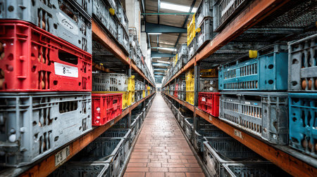 A detailed view of colorful storage crates arranged in a warehouse showcases the organized approach to inventory management and industrial logistics.の素材