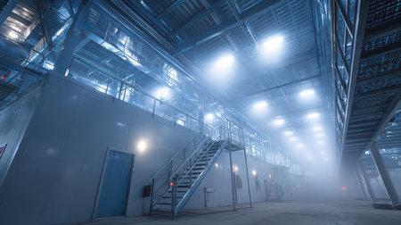 A captivating view of a spacious industrial warehouse interior, featuring dramatic lighting and fog effects, enhancing the architectural details and ambiance.の素材