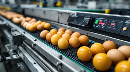 Fresh eggs move along a conveyor belt within a production facility, highlighting the quality control process in food manufacturing. The environment ensures hygiene and efficiency.の素材