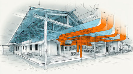 Detailed architectural blueprint showcasing a modern building design with innovative elements, emphasizing structure, space, and airflow systems in a clear illustration.の素材
