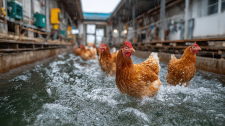 A lively scene showing chickens wading through water on a farm. Their splashes create a dynamic effect, capturing the essence of rural life and farm activities.の素材