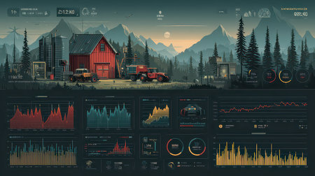 Scenic mountain landscape featuring a red barn surrounded by trees and vehicles, integrated with data visualization elements for an analytical touch.の素材