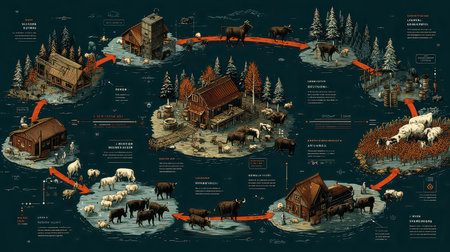Detailed illustration showcasing the lifecycle of a farm with animals, buildings, and seasonal activities. Perfect for educational and artistic purposes.の素材