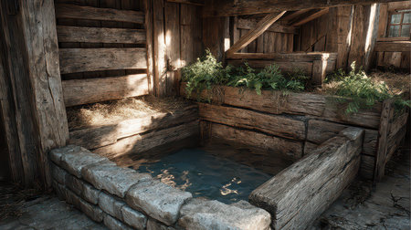 This image captures a rustic wooden water trough nestled in a barn, surrounded by lush greenery and golden sunlight. A serene farm aesthetic prevails.の素材