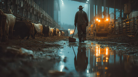 A farmer stands at a muddy stable, sweeping water as cattle graze nearby. The foggy atmosphere creates a serene yet industrious scene, capturing rural life.の素材