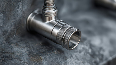 Detailed close-up of a metallic plumbing pipe fitting on a textured stone surface. Perfect for projects related to water systems, construction, and repair.の素材