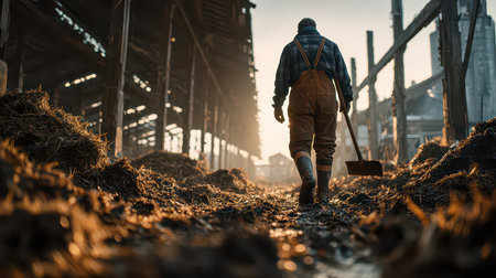 A farmer walks through a barnyard at sunrise, holding a shovel. The scene captures the essence of rural life, hard work, and connection to nature in the early morning light.の素材