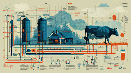 This detailed infographic depicts a farming process featuring a cow, silos, and various farming equipment. It illustrates agricultural techniques and sustainability practices.の素材
