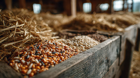 Close-up view of colorful grains and seeds arranged in a rustic wooden box surrounded by straw within a barn, showcasing natural farming and agricultural abundance.の素材