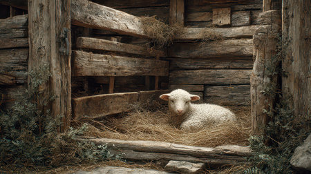 A serene image of a sheep resting in a rustic barn, surrounded by wooden textures and hay. This cozy environment evokes feelings of tranquility and connection to nature.の素材