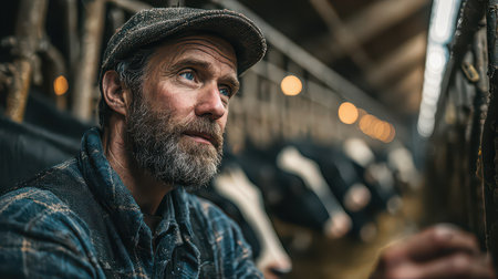 A contemplative farmer sits in a rustic barn with cows in the background, reflecting on his work in agriculture. The warm atmosphere captures rural life deeply.の素材