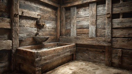 Explore a rustic wooden bathroom interior featuring an antique basin and a tub. The space offers a cozy, inviting atmosphere with warm textures and natural elements.の素材