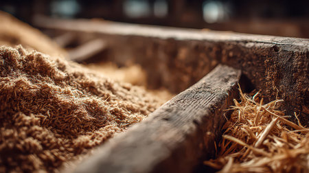 Close-up view of grain and straw in a rustic barn, showcasing natural textures and earthy tones. Ideal for themes related to agriculture and rural living.の素材