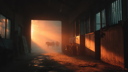 A peaceful stable scene captures horses in misty morning light, creating a serene atmosphere. The sunlight filters through the barn door, enhancing tranquility.の素材