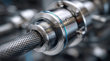 A high-resolution close-up of a metallic pipe showcasing intricate details of its filtration mesh and connection components, ideal for industrial themes.の素材