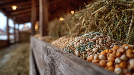 A vibrant and colorful assortment of seeds and grains displayed in a rustic barn, surrounded by straw bales, showcasing the beauty of agricultural life and natural textures.の素材