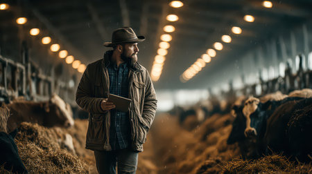 A farmer stands inside a cow barn, holding a tablet while surrounded by cattle. The scene captures a blend of traditional farming practices and modern technology amidst a rainy atmosphere.の素材