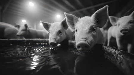 A captivating close-up image of pigs drinking water in a rustic barn setting, featuring soft lighting that creates a serene atmosphere and highlights their curious expressions.の素材