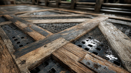 Close-up view of a weathered wooden plank intersecting with a metal grate, showcasing natural textures and droplets of water, perfect for rustic-themed projects.の素材