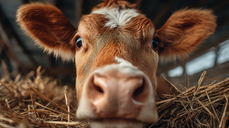 This close-up image captures the inquisitive expression of a brown cow in a barn, surrounded by hay. The soft details of its fur and expressive eyes evoke a sense of farm life.の素材