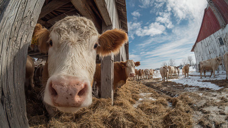 A close-up shot of a curious cow peering out from a barn, surrounded by other cows. Snow covers the ground beneath a bright blue sky, capturing rural beauty.の素材