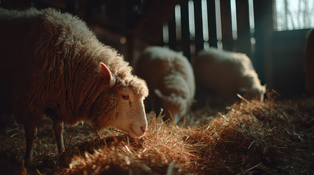 A serene close-up of a sheep grazing in a rustic barn, illuminated by warm natural light. The soft textures of wool and straw create a peaceful atmosphere in rural farming life.の素材