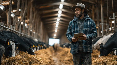 A dedicated farmer stands with a tablet in a modern barn, surrounded by dairy cows. The scene showcases the blend of technology and traditional farming practices in rural life.の素材