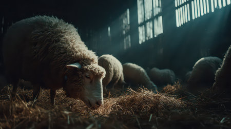 A serene scene showcasing sheep grazing in a rustic barn, illuminated by gentle sunlight streaming through the windows, creating an inviting atmosphere of farm life.の素材