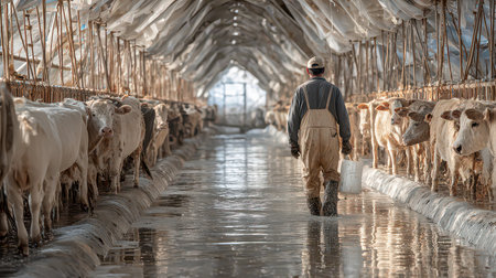 A farmer walks through a clean dairy barn, surrounded by cows in water. The scene highlights the daily tasks on a farm, showcasing animal care and agricultural practices.の素材